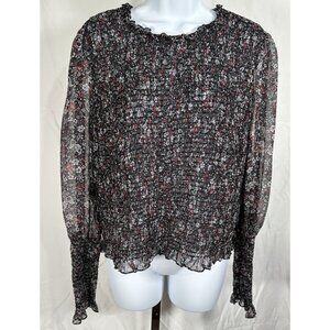 Veronica Beard Women’s Smocked Sheer Floral Blouse Sz 10 Long Sleeve Round Neck